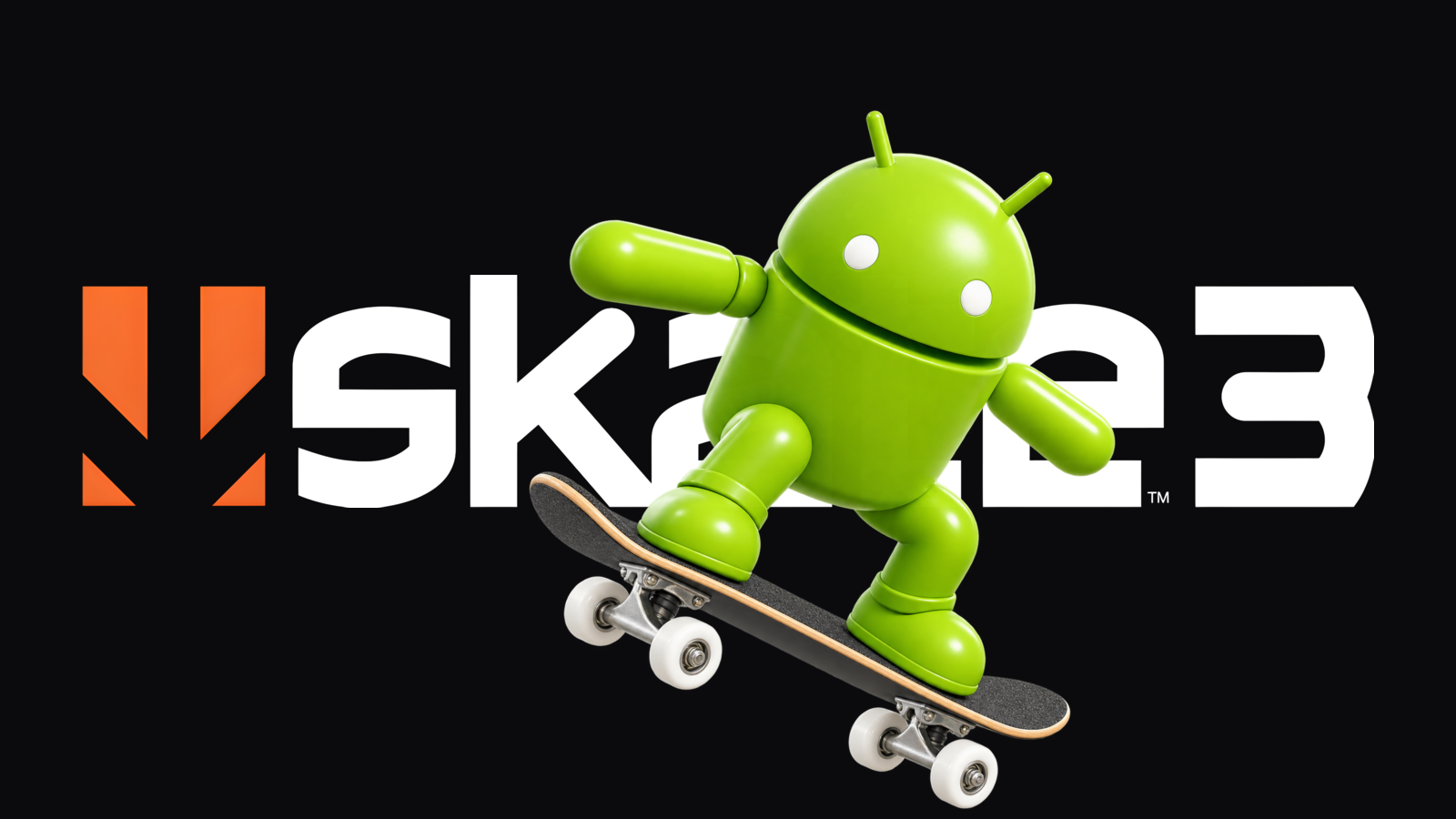 Android mascot skateboarding in front of the Skate 3 logo